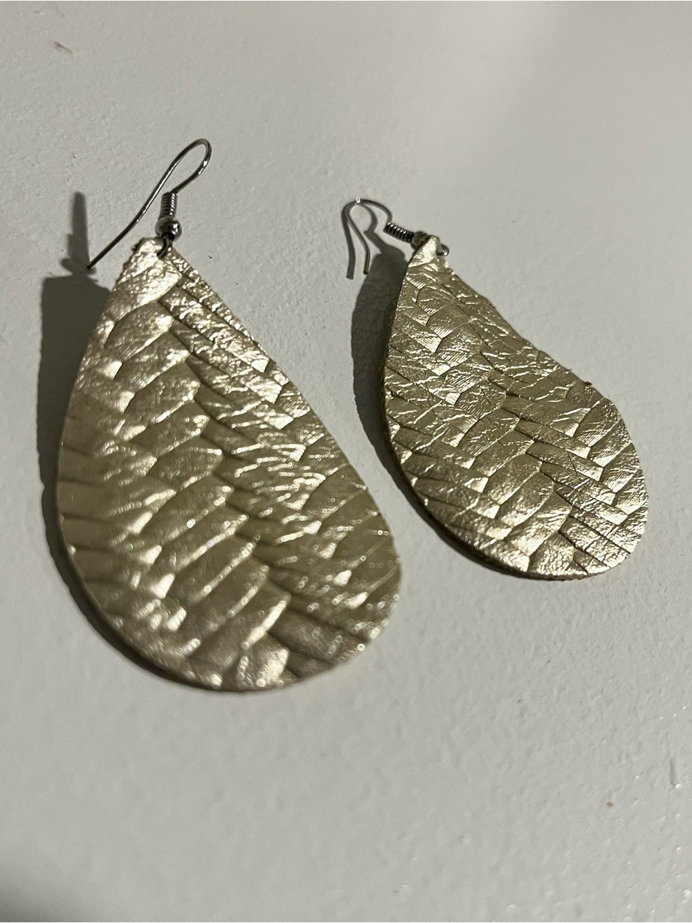 Leather Stamped Textured Teardrop Silver-Colored Dangle Earrings - Women Jewelry